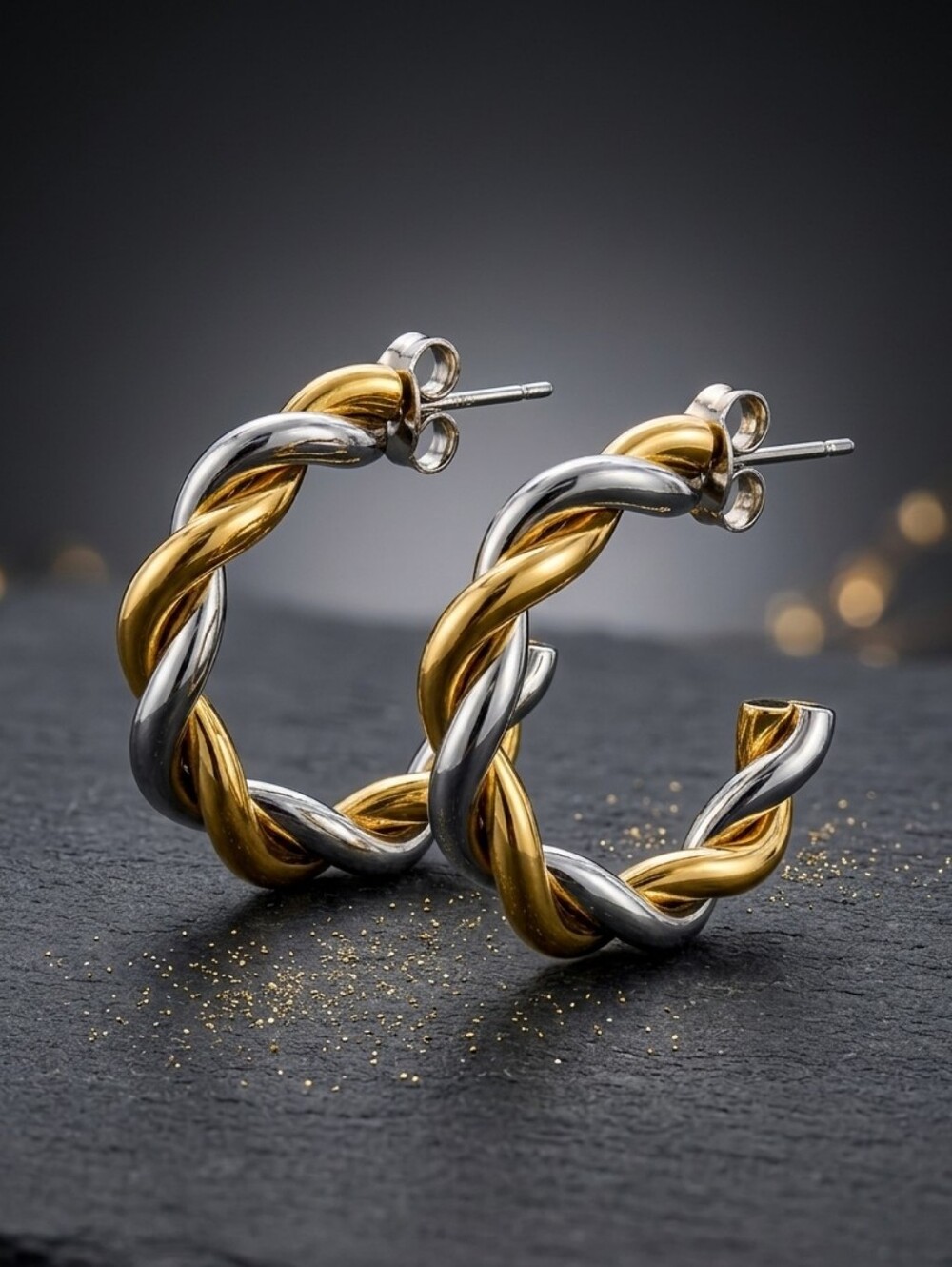 Two Tone Twisted Hoop Earrings Gold Silver 18k Plated Mixed Metal Rope 1"